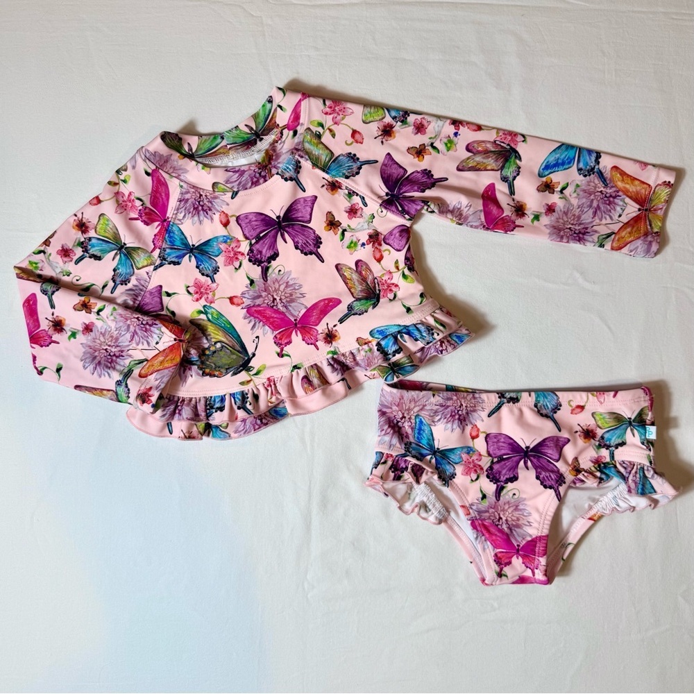 New Posh Peanut Watercolor Butterfly Swim Suit Girls 2T 2-Piece Set Ruffles